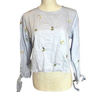 Light Blue Long Sleeve Crop Top Banana/Avocado Embroidery  Open Back  Womens S